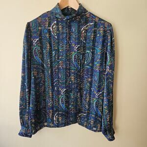 Vintage Nicola Sheer Dark Paisley Patterned Long Sleeve Blouse, Size 8